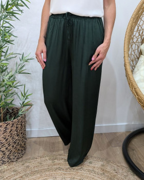 Pantalon fluide satiné femme uni Lyséa-Vert bouteille
