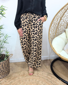Pantalon fluide femme léopard beige taupe noir