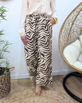 Pantalon fluide femme beige zebrures marrons camel Domitille