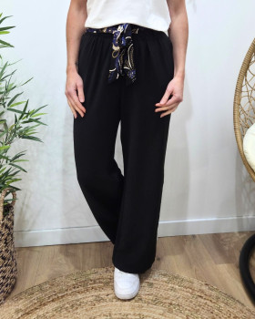 Pantalon fluide femme large noir ceinture à motifs Maïra