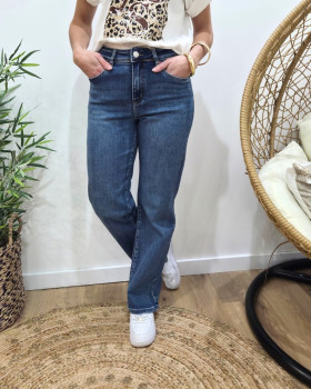 Jean femme droit power stretch bleu moyen taille haute coupe confort +