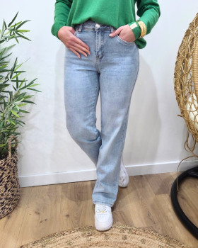 Jean femme droit power stretch bleu clair taille haute coupe confort