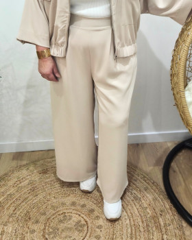 Pantalon femme élastiqué coupe large et fluide-Beige