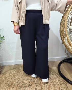 Pantalon femme élastiqué coupe large et fluide-Bleu marine