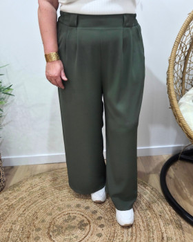 Pantalon femme élastiqué coupe large et fluide-Kaki