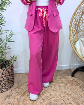Pantalon fluide femme rose fuchsia ceinture fleurie Malea