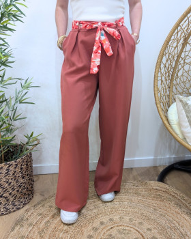 Pantalon fluide femme terracotta ceinture fleurie Malea