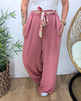 Pantalon femme fluide rose ceinture fleurie Clizia