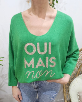 Pull femme Oui mais non pailleté-Vert gazon