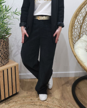 Pantalon femme élastiqué coupe droite velour-Noir