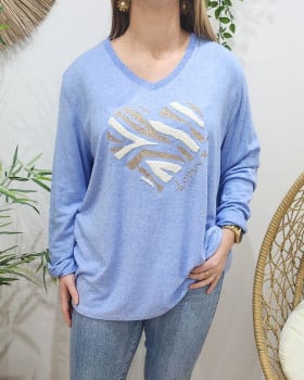 Pull femme oversize coeur zébré-Bleu