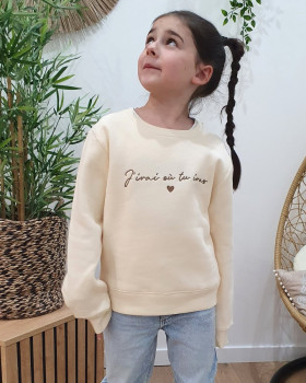 Sweat enfant beige broderie j'irai où tu iras marron glacé