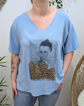Pull fin femme oversize manches courtes femme léopard doré-Bleu ciel