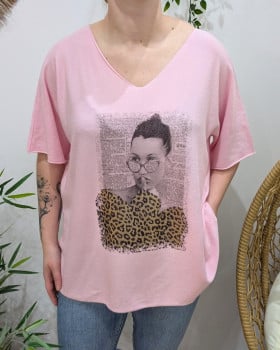 Pull fin femme oversize manches courtes femme léopard doré-Rose
