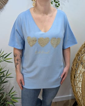Pull fin femme oversize manches courtes Red heart-Bleu ciel