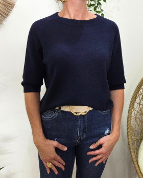 Pull court femme uni col rond Clématite-Bleu marine
