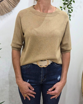 Pull court femme uni col rond Clématite-Camel