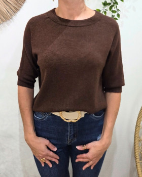Pull court femme uni col rond Clématite-Marron