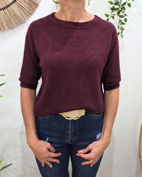 Pull court femme uni col rond Clématite-Rouge bordeaux