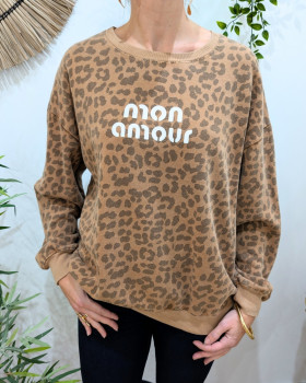 Pull sweat femme léopard Mon amour-Camel