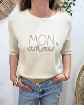 Pull court femme uni col rond Mon amour paillettes-Ecru