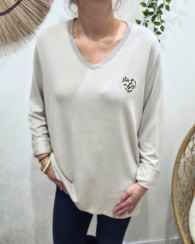 Pull femme oversize coeur léopard-Beige