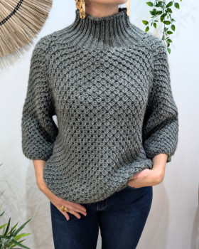 Pull femme grosse maille col montant Ophéane-Kaki clair