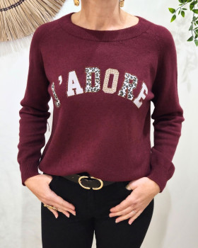 Pull femme j'adore léopard et strass-Rouge bordeaux