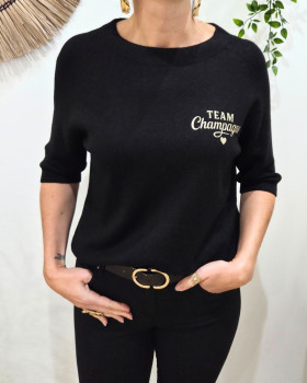 Pull court femme uni col rond champagne doré Clématite-Noir