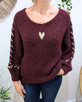 Pull femme oversize grosse maille coeur doré-Rouge bordeaux