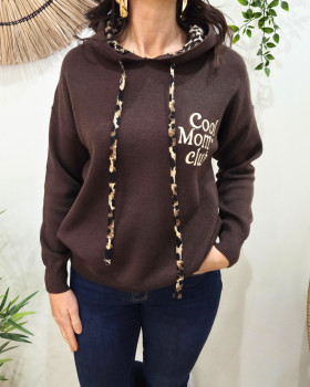 Pull à capuche femme marron et léopard Cool Mom Club