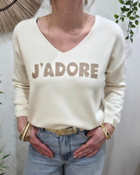 Pull femme col V j'adore pailleté-Ecru