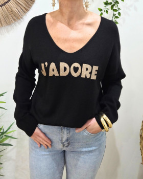 Pull femme col V j'adore pailleté-Noir