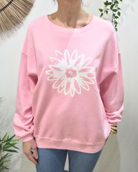 Pull sweat femme fleur paillettes-Rose baby