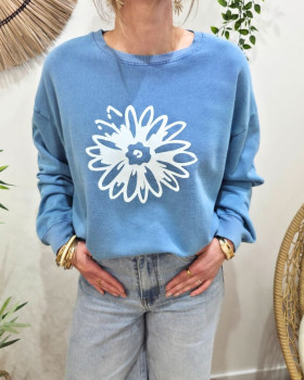 Pull sweat femme fleur paillettes-Bleu