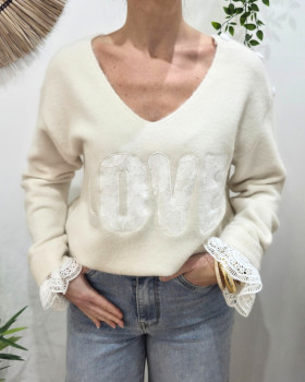 Pull femme col V Love et boutons dentelle-Beige