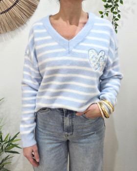 Pull femme col V à rayures coeurs fleurs relief-Bleu ciel