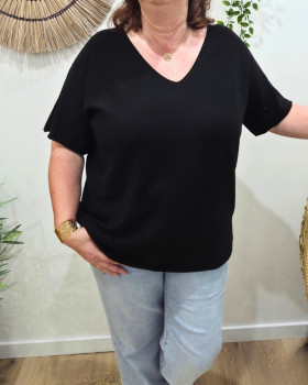 Pull fin femme oversize manches courtes-Noir