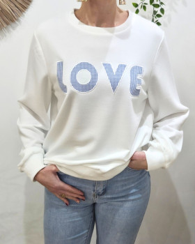 Sweat femme blanc broderie LOVE vichy bleu ciel