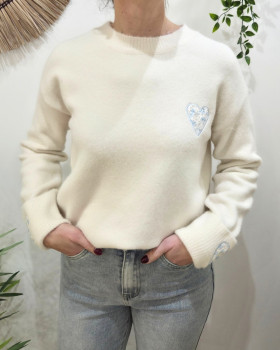 Pull femme col rond manche coeur fleuri -Beige
