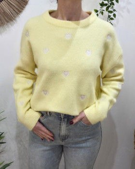 Pull femme col rond coeur suédine-Jaune
