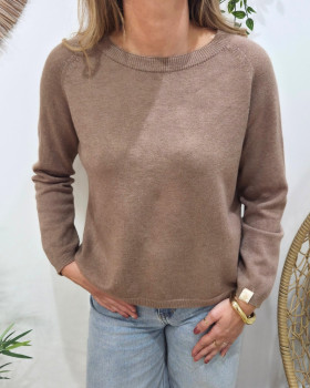 Pull femme uni col rond-Camel
