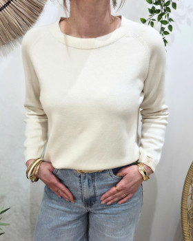 Pull femme uni col rond-Ecru
