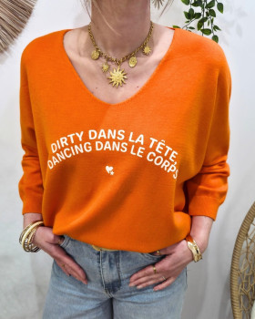 Pull femme col V Dirty dans la tête dancing dans le corps pailleté-Orange