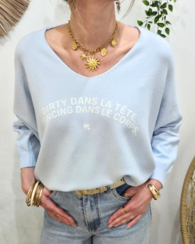 Pull femme col V Dirty dans la tête dancing dans le corps pailleté-Bleu ciel
