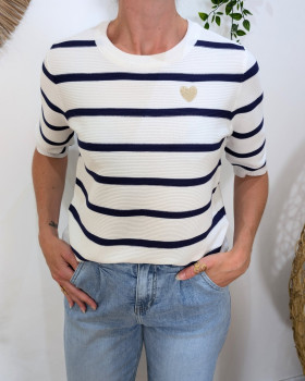 Pull manches courtes femme marine et blanc marinière coeur doré