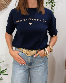 Pull court femme col rond manches courtes Mon amour paillettes dorées-Bleu marine