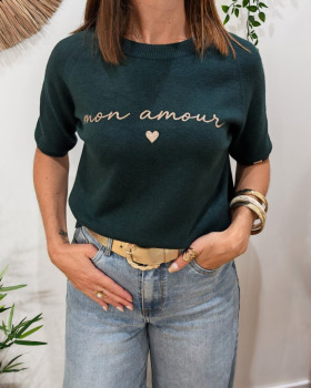 Pull court femme col rond manches courtes Mon amour paillettes dorées-Vert bouteille