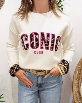 Pull femme beige ICONIC club léopard et rose