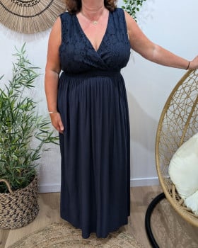 Robe longue femme grande taille bohème décolleté et dos broderies-Bleu marine
